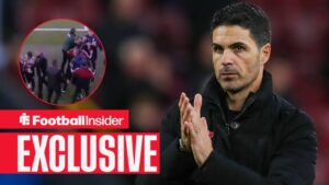 Arsenal manager Mikel Arteta claps with Arsenal vs Atleti scenes inset