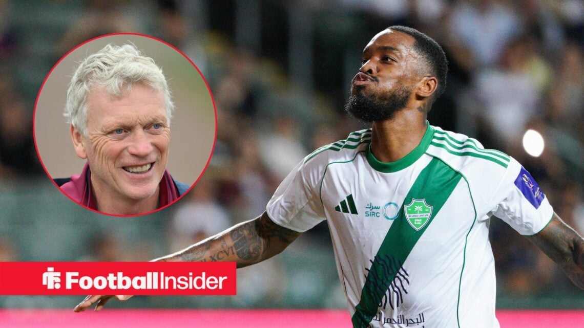 Al-Ahli striker Ivan Toney with Everton manager David Moyes inset