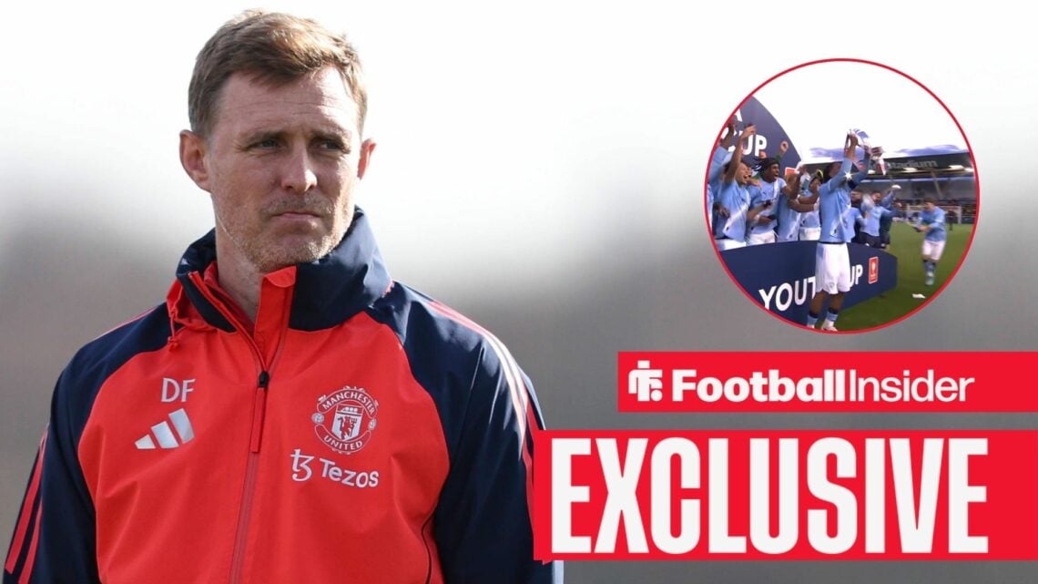 Man United coach Darren Fletcher with Man City U18s lifting the FA Youth Cup inset