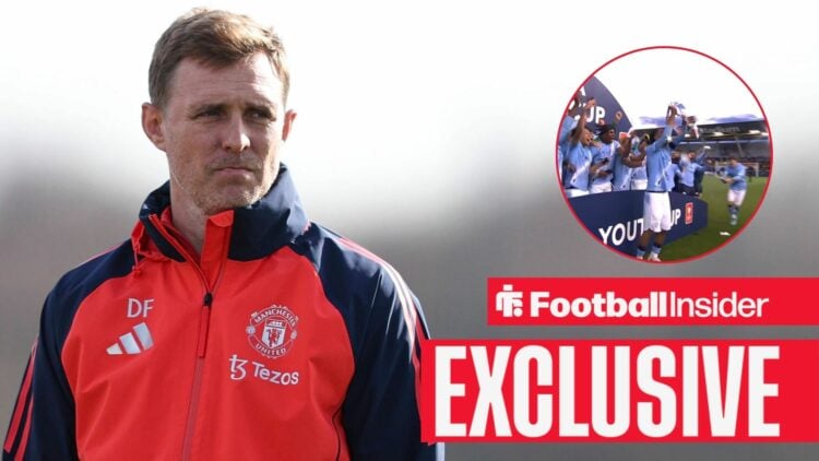 Man United coach Darren Fletcher with Man City U18s lifting the FA Youth Cup inset