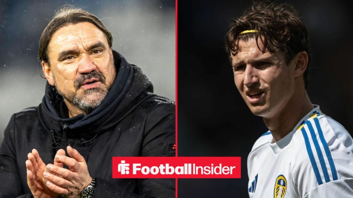 Leeds United manager Daniel Farke claps with Brenden Aaronson