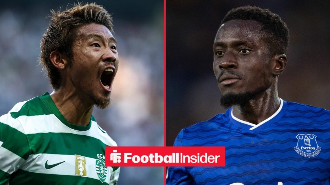 Sporting CP midfielder Hidemasa Morita shouts with Everton midfielder Idrissa Gueye