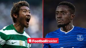 Sporting CP midfielder Hidemasa Morita shouts with Everton midfielder Idrissa Gueye