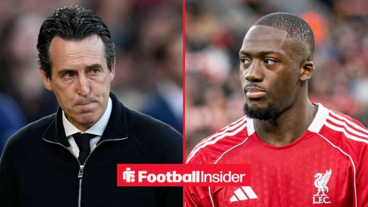 Aston Villa manager Unai Emery with Liverpool centre-back Ibrahima Konate