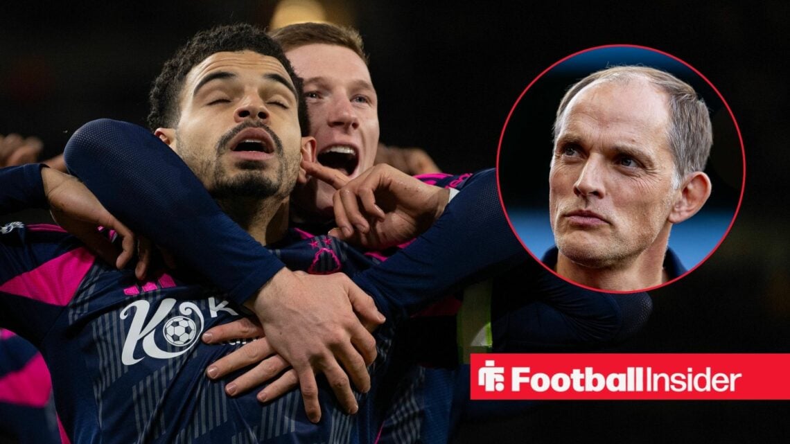 Nottingham Forest midfielder Morgan Gibbs-White celebrates with England manager Thomas Tuchel inset