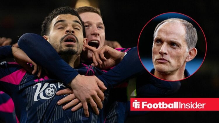 Nottingham Forest midfielder Morgan Gibbs-White celebrates with England manager Thomas Tuchel inset