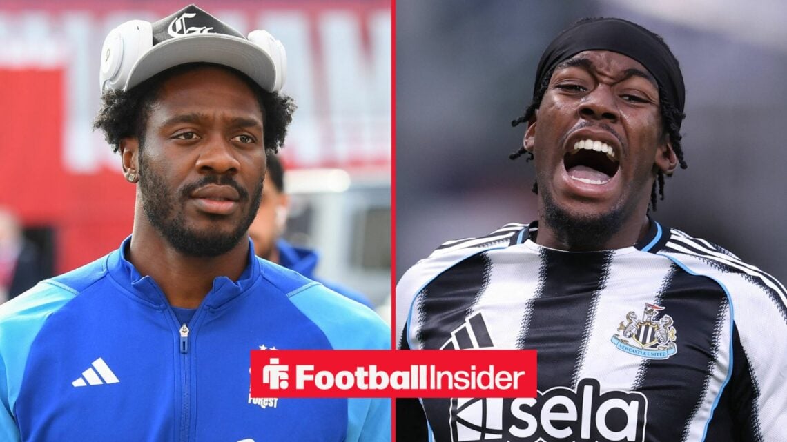 Nottingham Forest defender Ola Aina with Newcastle winger Anthony Elanga shouts