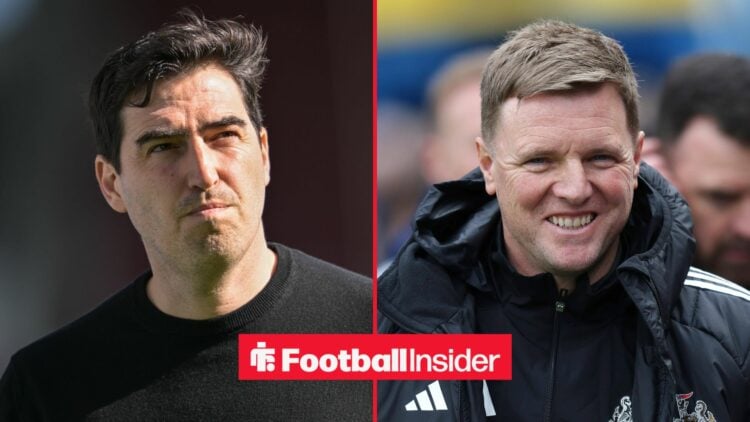 Newcastle manager Eddie Howe smiles with Bournemouth manager Andoni Iraola