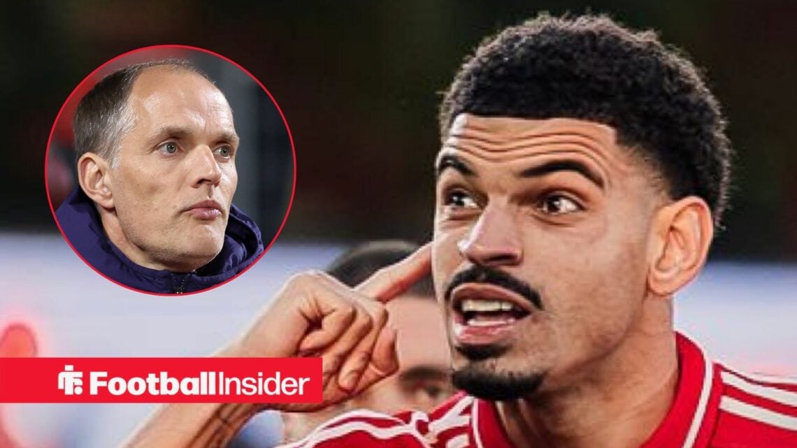 Nottingham Forest captain Morgan Gibbs-White points to his ear with England manager Thomas Tuchel inset