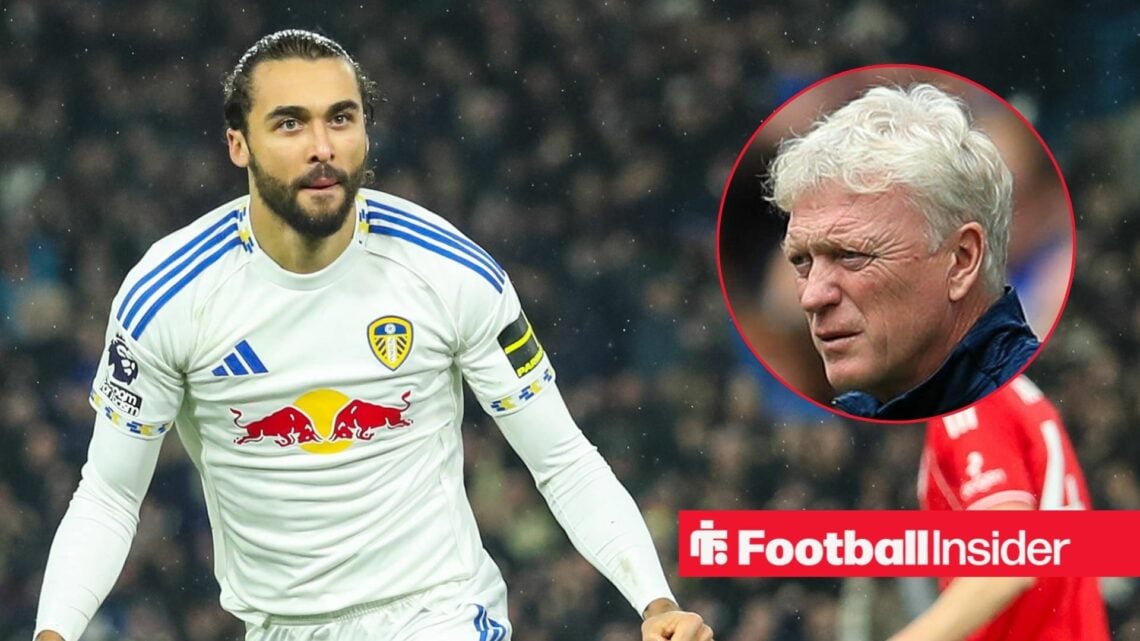 Leeds striker Dominic Calvert-Lewin celebrates with Everton manager David Moyes inset