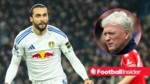 Leeds striker Dominic Calvert-Lewin celebrates with Everton manager David Moyes inset