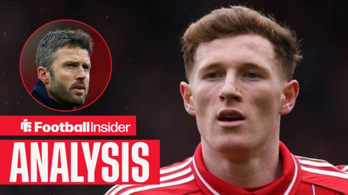 Nottingham Forest midfielder Elliot Anderson with Man United manager Michael Carrick inset
