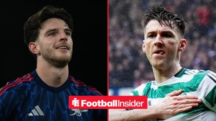 Arsenal midfielder Declan Rice with Celtic defender Kieran Tierney