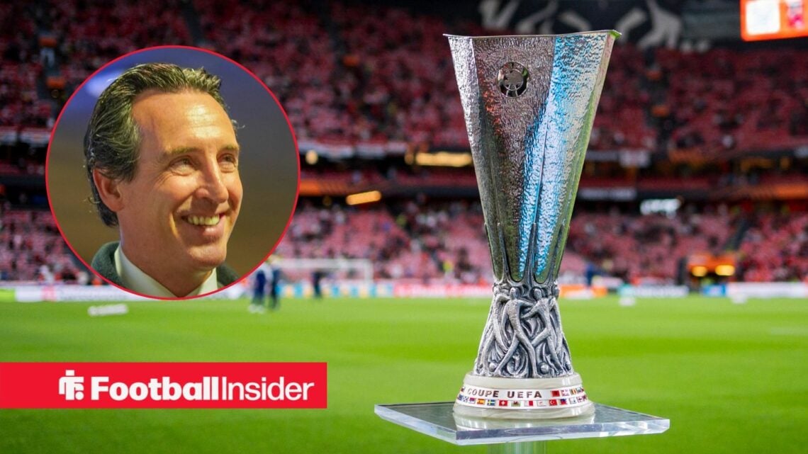 The Europa League trophy with Aston Villa manager Unai Emery inset