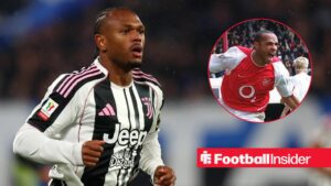 Juventus forward Lois Openda with Arsenal legend Thierry Henry inset