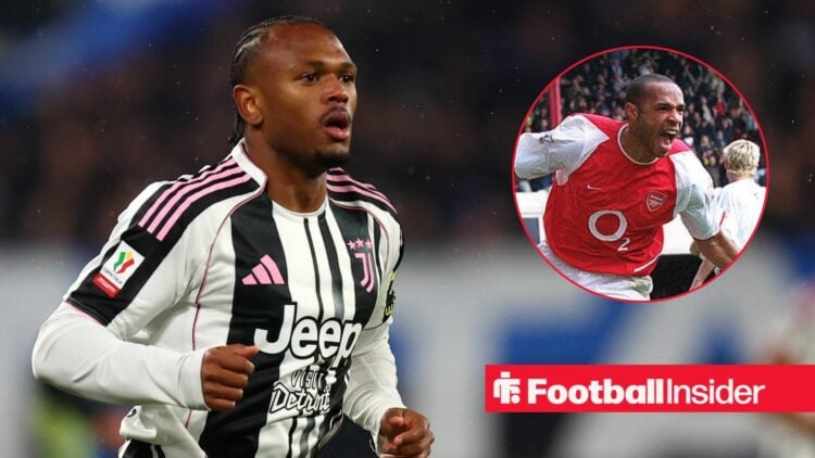 Juventus forward Lois Openda with Arsenal legend Thierry Henry inset