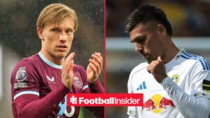 Burnley striker Zian Flemming claps with Leeds striker Joel Piroe
