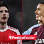 Arsenal midfielder Declan Rice with Aston Villa midfielder Morgan Rogers celebrates