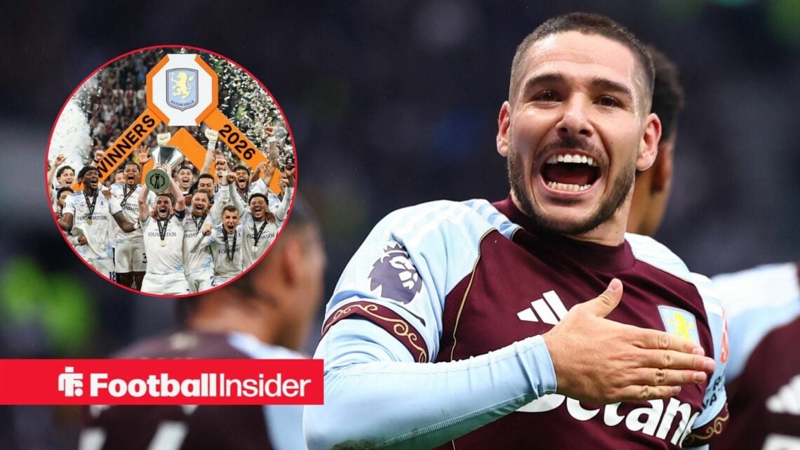 Aston Villa midfielder Emiliano Buendia celebrates with Villa lifting Europa League inset