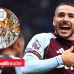 Aston Villa midfielder Emiliano Buendia celebrates with Villa lifting Europa League inset