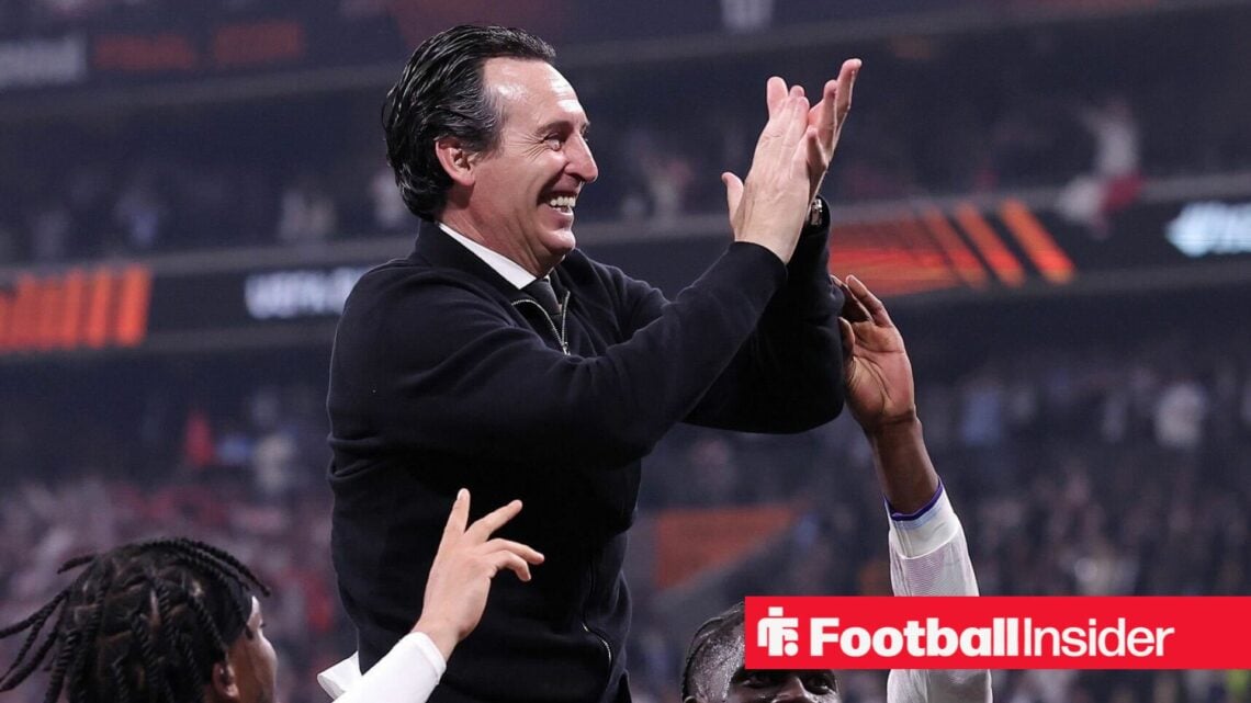 Aston Villa manager Unai Emery smiles and claps after winning the Europa League