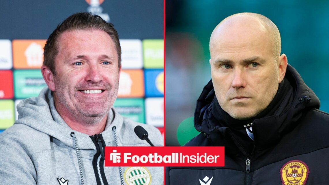 Ferencvaros manager Robbie Keane smiles with Toulouse manager Jens Berthel Askou