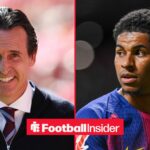 Aston Villa manager Unai Emery smiles with Barcelona winger Marcus Rashford