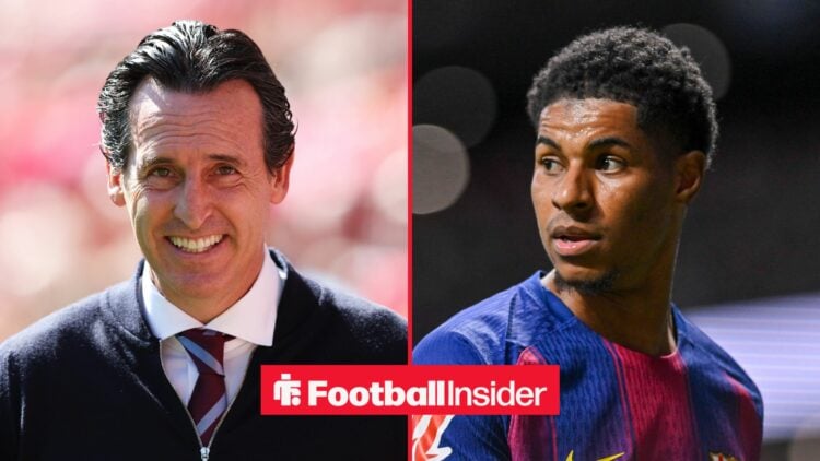 Aston Villa manager Unai Emery smiles with Barcelona winger Marcus Rashford