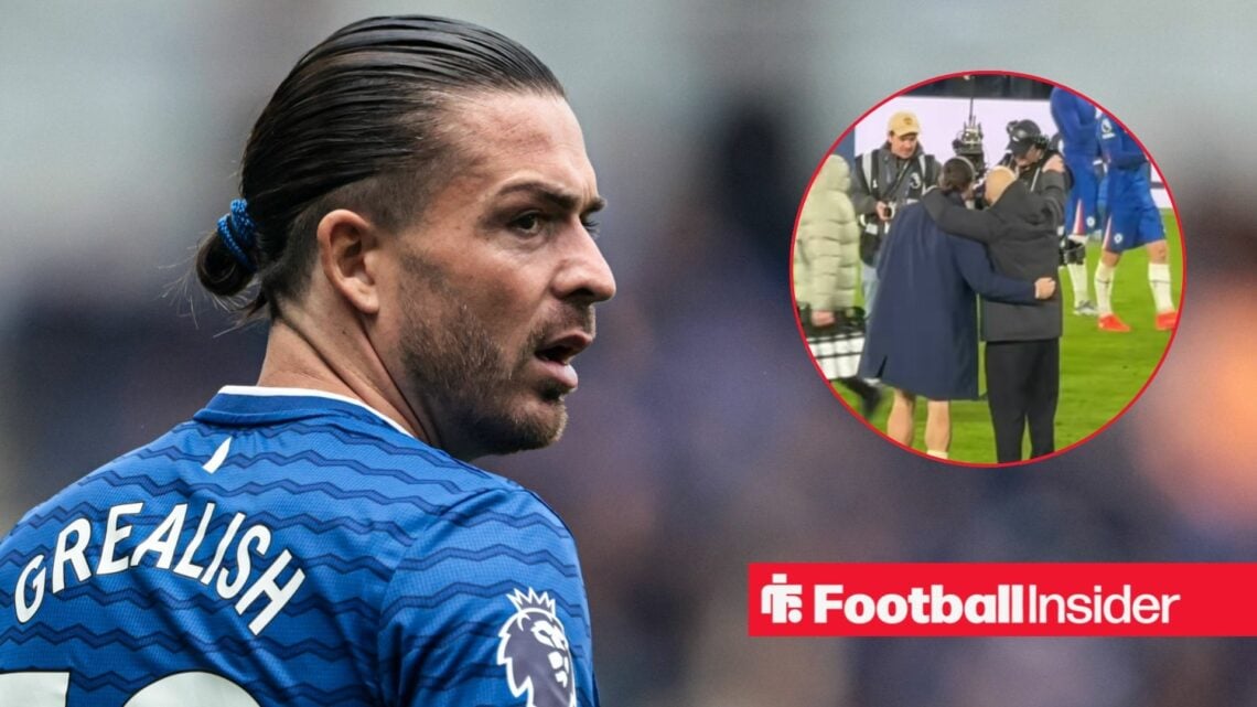Everton winger Jack Grealish with Enzo Maresca hug inset