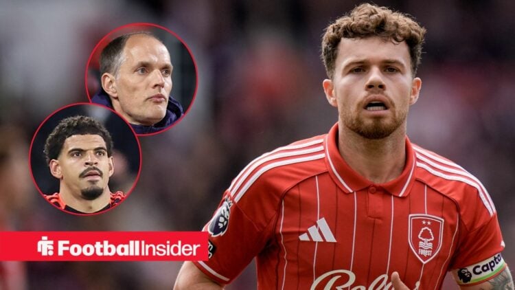 Nottingham Forest defender Neco Williams with Morgan Gibbs-White and Thomas Tuchel inset