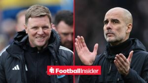 Newcastle United manager Eddie Howe with Manchester City manager Pep Guardiola claps
