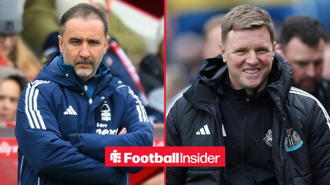Nottingham Forest manager Vitor Pereira has arms crossed with Newcastle manager Eddie Howe smiles