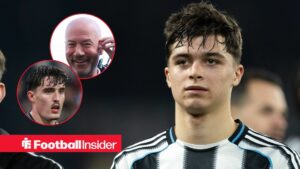 Newcastle United youngster Lewis Miley with Alan Shearer and Tino Livramento inset