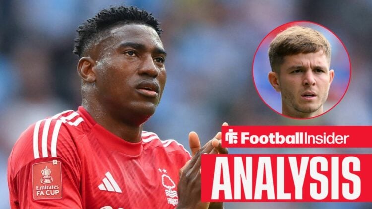 Nottingham Forest striker Taiwo Awoniyi with James McAtee inset