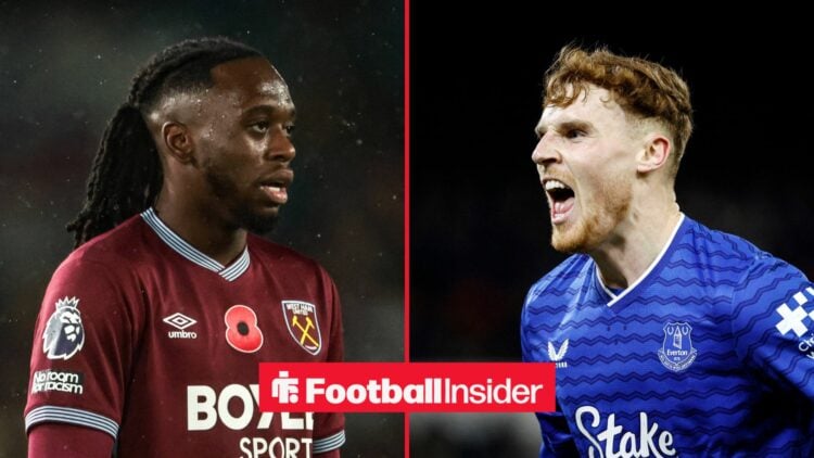 West Ham defender Aaron Wan-Bissaka with Everton defender Jake O'Brien celebrates