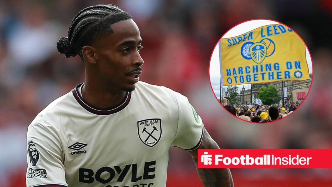 West Ham winger Crysencio Summerville in action during a game, while Leeds fans wave a flag in a circular inset.