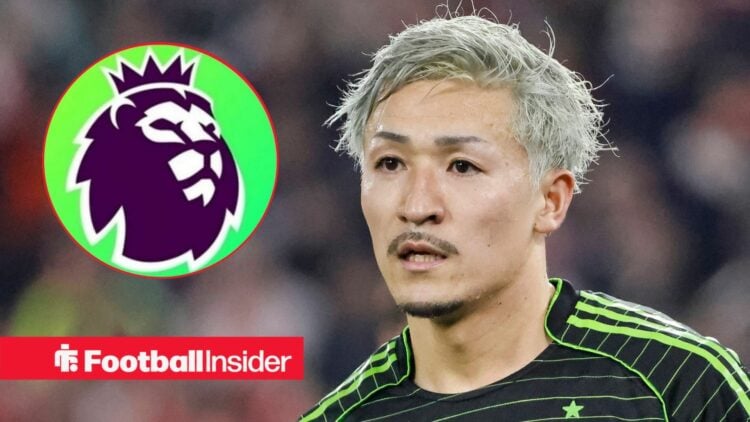 Daizen Maeda in action for Celtic, with the Premier League logo in a circular inset