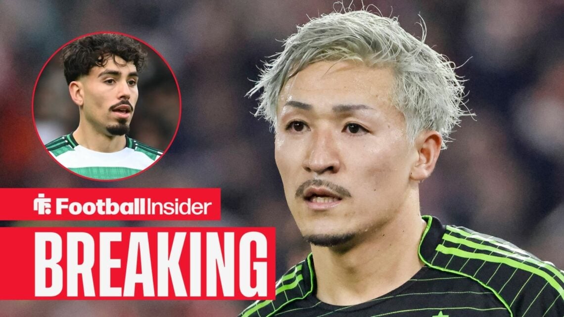 Celtic striker Daizen Maeda in action during a game, as teammate Sebastian Tounekti features in a circular inset.