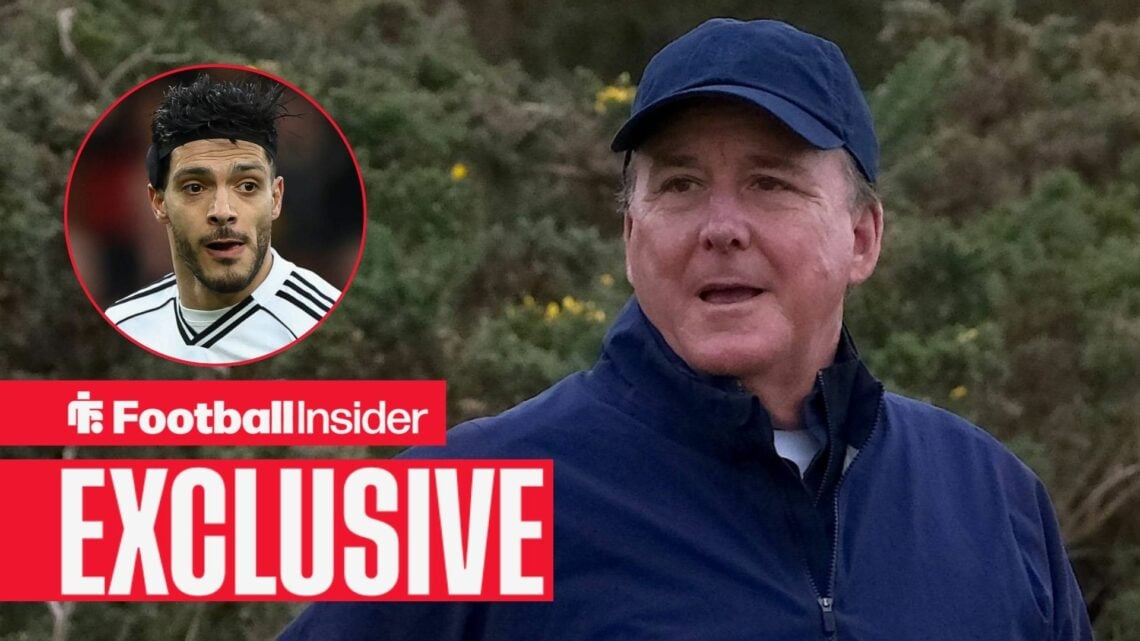 Football Insider exclusive as Everton owner Dan Friedkin wears a cap as he looks towards Raul Jimenez, who is in action for Fulham in a circular in...
