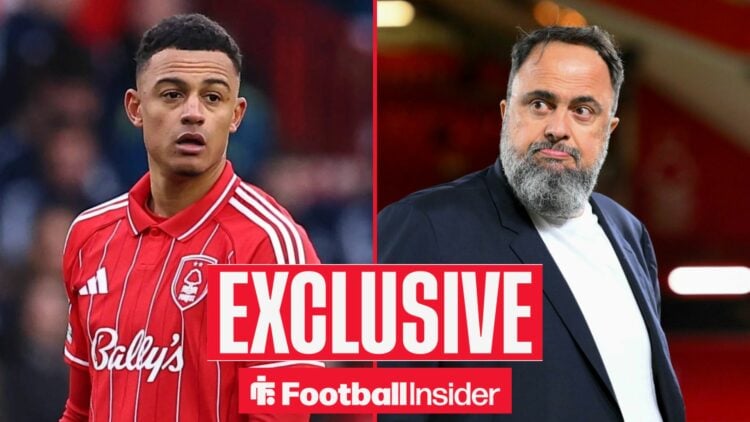Football Insider exclusive as Nottingham Forest winger Dan Ndoye stares across a split image towards owner Evangelos Marinakis.