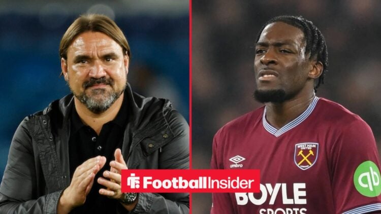 Daniel Farke applauding at Leeds United, with Axel Disasi in action for West Ham