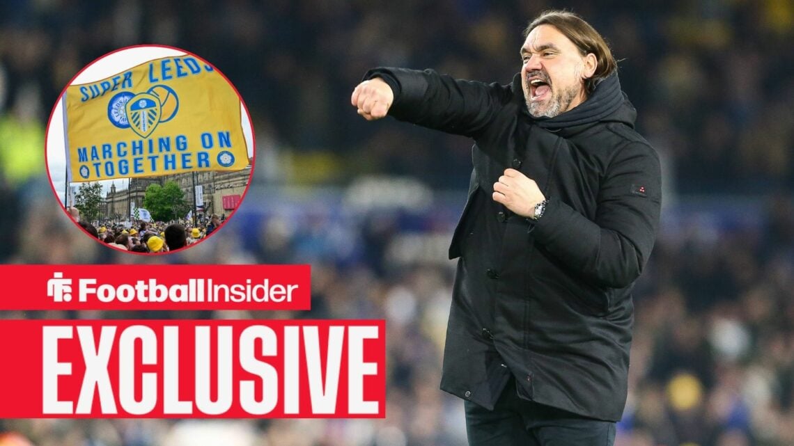 Leeds manager Daniel Farke punches the air after a game, as the fans wave a flag in a circular inset.