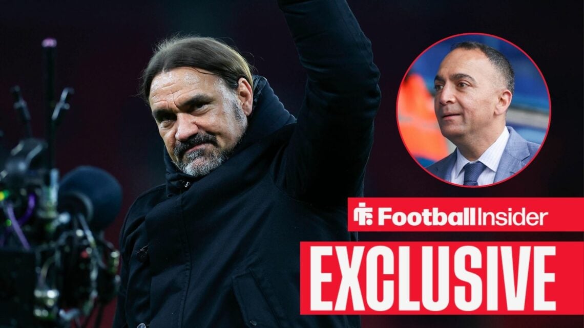 Football Insider exclusive as Leeds manager Daniel Farke punches the air, while chairman Paraag Marathe watches from a circular inset.