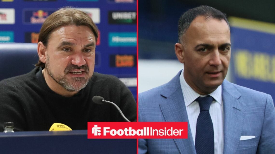 Daniel Farke in a press conference for Leeds, with Paraag Marathe at Elland Road
