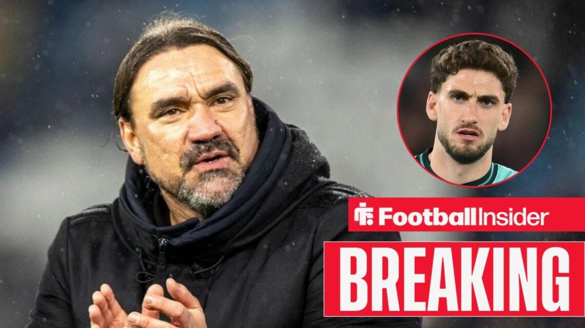 Daniel Farke on the sidelines at Leeds, with Santiago Bueno in a circular inset
