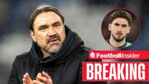 Daniel Farke on the sidelines at Leeds, with Santiago Bueno in a circular inset