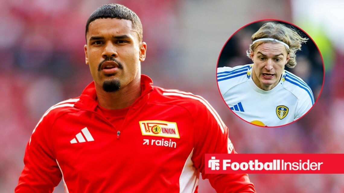 Union Berlin defender Danilho Doekhi warms up for a game, while Leeds defender Sebastiaan Bornauw is in action in a circular inset.
