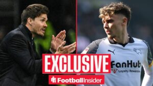 Football Insider exclusive as Rangers manager Danny Rohl applauds, while Derby midfielder Bobby Clark watches from the other side of a split image.
