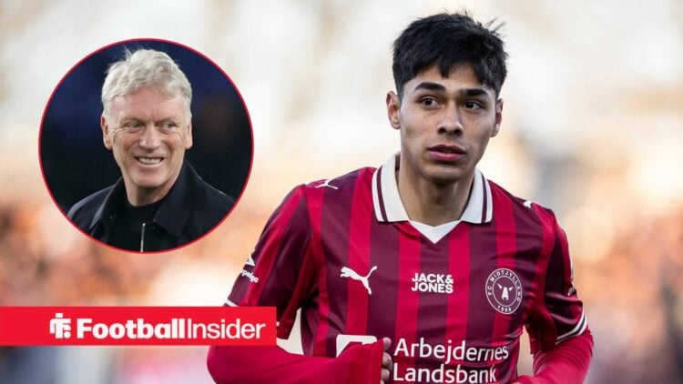 Dario Osorio in action during a game for Midtjylland, as Everton manager David Moyes grins in a circular inset.