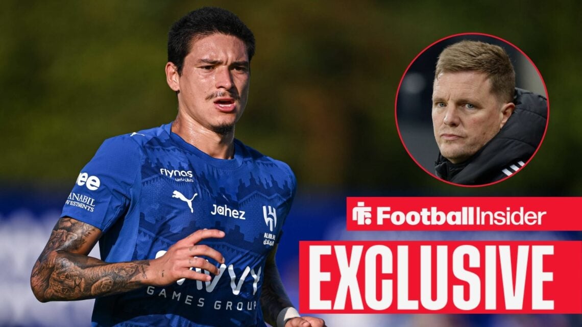 Football Insider exclusive as Darwin Nunez is in action during a game for Al-Hilal, while Newcastle manager Eddie Howe watches from a circular inset.